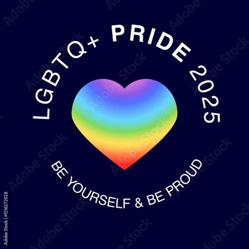 PRIDE Rainbow gradient heart shape and text "be yourself and be proud" in Retro Style. Typography lgbt banner vector Design for Pride Month celebration