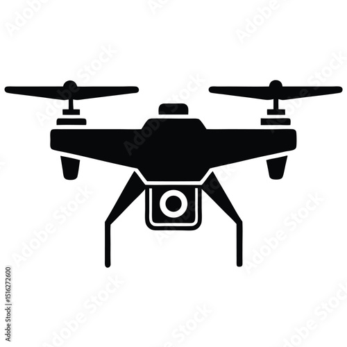 Black Silhouette of a Modern Drone with Camera and Propellers Isolated