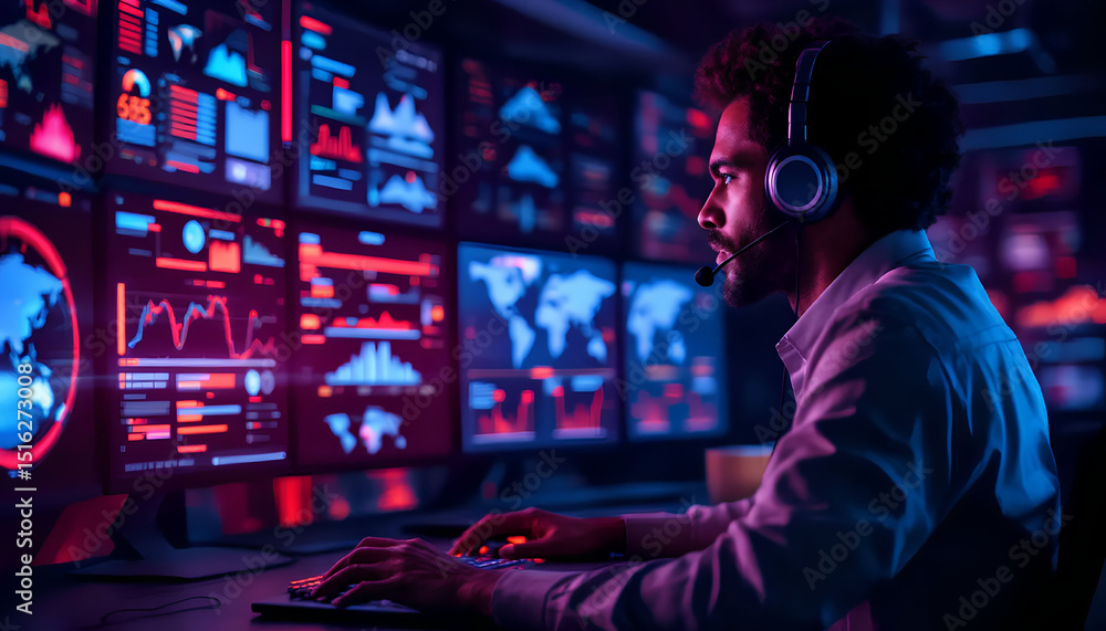 Focused Operator Overseeing Global Network Connections on Multiple Screens Focused Operator Overseeing Global Network Connections on Multiple Screens