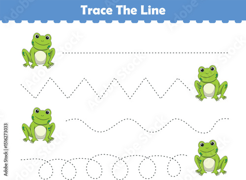 Trace line worksheets for children. Preschool handwriting practice with frog. Vector illustration
