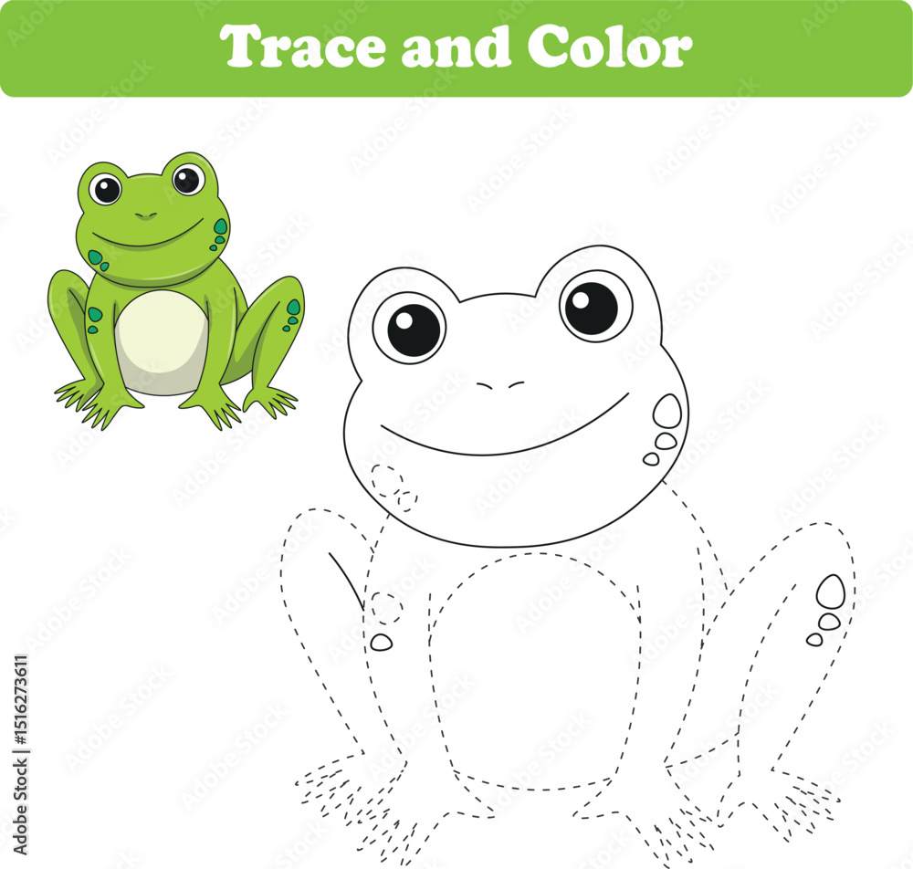 Fototapeta premium Handwriting Practice. Tracing lines and coloring frog for children. Vector Illustration