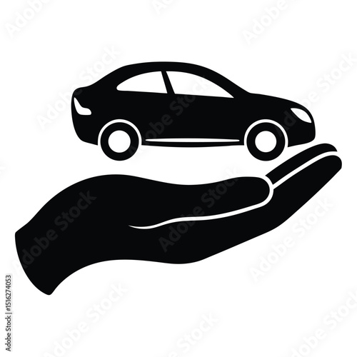 Caring Hand Gently Holds a Stylish Sedan Car in Black Silhouette Design