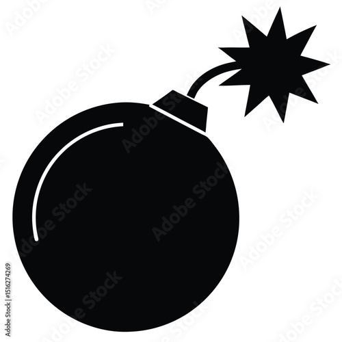 Classic Cartoon Bomb with Lit Fuse, Black Silhouette on White Background Illustration