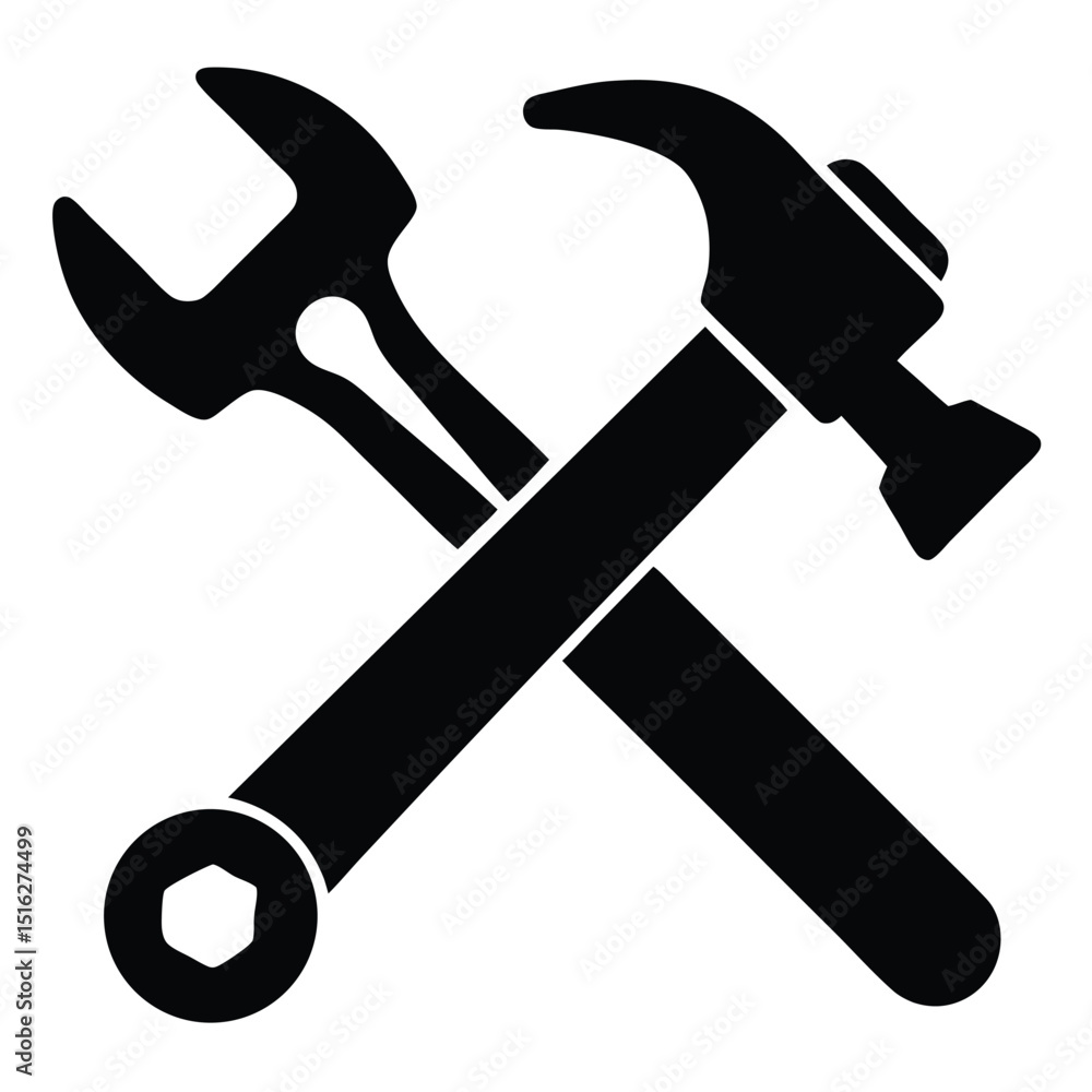 Crossed Hammer and Wrench Tools Icon, Black Silhouette for Construction or Repair Services Crossed Hammer and Wrench Tools Icon, Black Silhouette for Construction or Repair Services