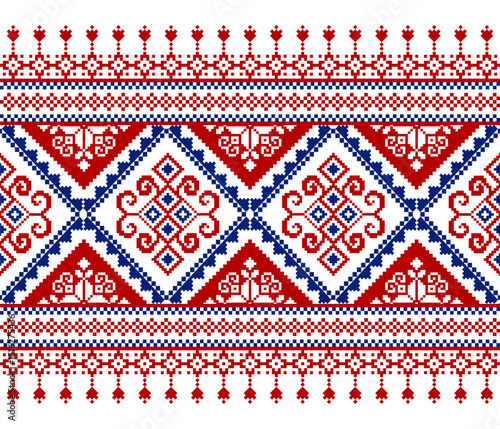 Red and blue traditional textile pattern – pixel geometric ethnic border