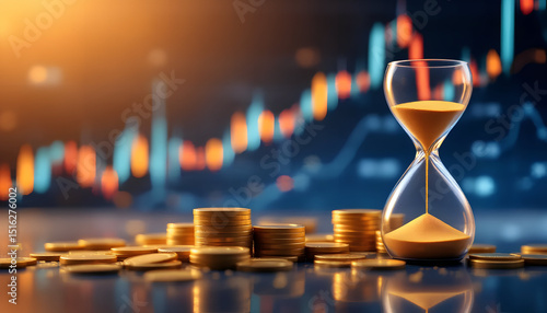 Stock Market Data with Stacks of Coins and Time-Flowing Hourglass