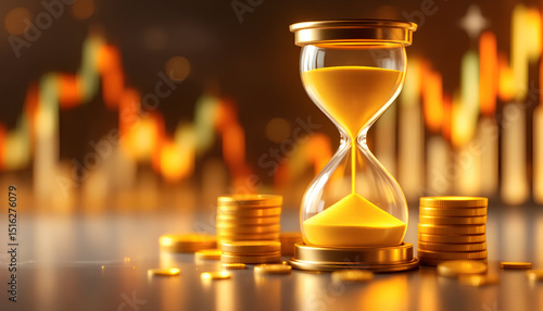Financial Growth Concept with Gold Coins and Hourglass on Stock Chart