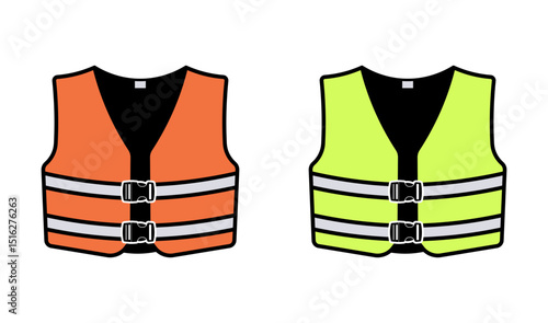 Orange and green life jacket or high visibility safety vest icon. Flat workwear symbol for construction, boating, emergency, and outdoor use. Isolated vector without background.