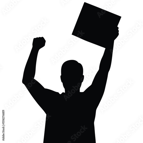 Silhouette of a Protesting Man Holding Sign with Raised Fist on White Background