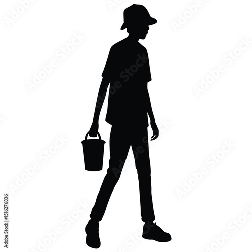 Silhouette of Boy Wearing Hat Walking with Bucket Isolated Against White Background