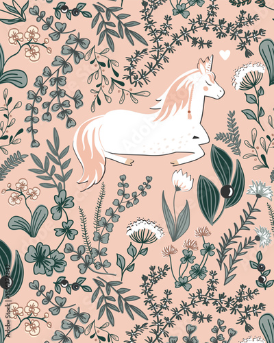 Vintage cartoon illustration with cute wild flowers and herbs and sleeping unicorn inside. Doodle floral dark background. Vector.