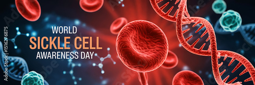 World Sickle Cell Awareness Day Banner: Red blood cells and DNA strands, scientific illustration