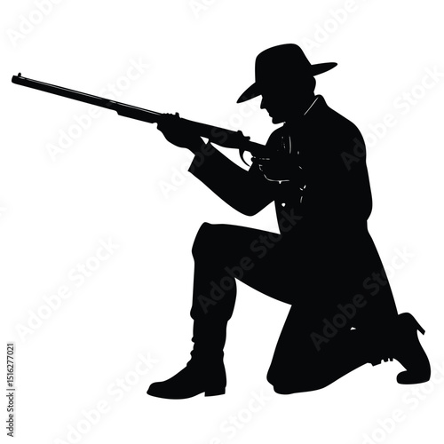 Silhouette of Kneeling Rifleman in Hat Aiming Weapon – Civil War Era Figure