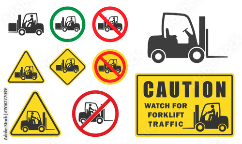 Caution, watch for forklift traffic sign symbol. Logistic warning forklift truck logo icon. Safety Unloading, cargo and boxes. Warehouse machine. Vector illustration. Isolated on white background.