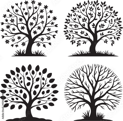 A collection of four bright colorful flower tree paintings