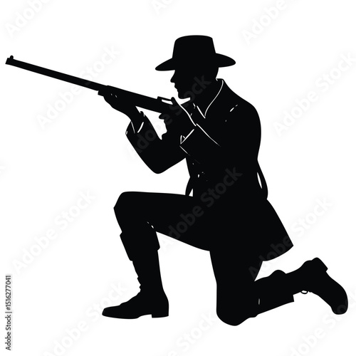 Silhouette of Kneeling Rifleman with Hat Aiming Against White Background Illustration