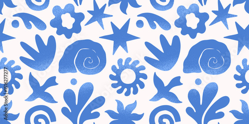 Summer tropical seamless pattern with hand drawn nature organic elements:palm,sun,coral,seashell,bird,wave.Trendy background for banners,smm,branding,textile,covers,prints.Summer vacation aesthetic