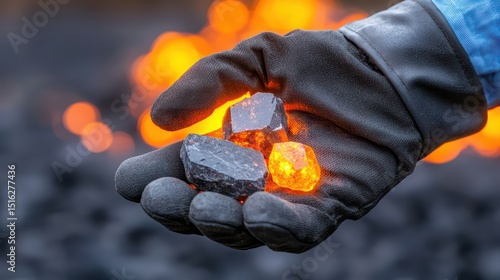 Gloved hand holding rare earth minerals glowing Worker’s gloved hand holding glowing rare earth minerals or ores, symbolizing critical resources used in high-tech manufacturing and energy