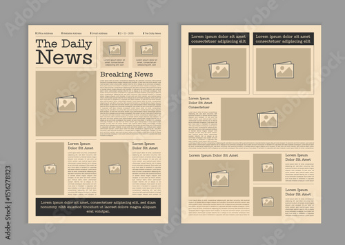 Graphical layout newspaper template. Editable magazine design or vintage old newspaper template