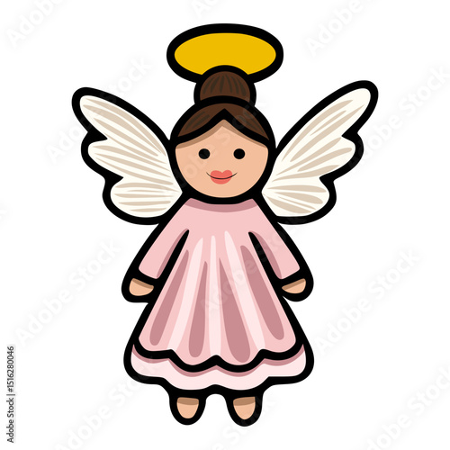 Adorable vector illustration of a cute angel girl with pink dress and beige wings, perfect for Christmas cards or childrens book illustrations.