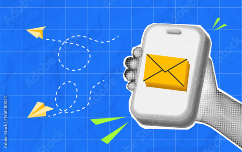 Halftone collage, Email notification on mobile phone, hand holding mobile phone with envelope icon, flying paper plane, fast communication, messaging app