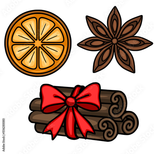 Festive vector illustration of a dried orange slice, star anise, and cinnamon sticks tied with a red ribbon, perfect for Christmas designs and winter holiday projects.