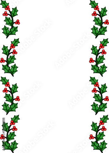 Festive Christmas vector border design featuring repeating holly branches with red berries, perfect for holiday cards or invitations.