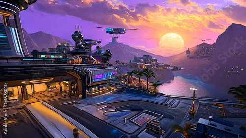 Wallpaper Mural Futuristic coastal city at sunset Torontodigital.ca