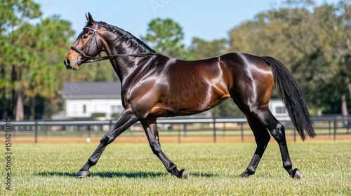 Side profile of a galloping horse across an endless grassy field, legs extended in stride