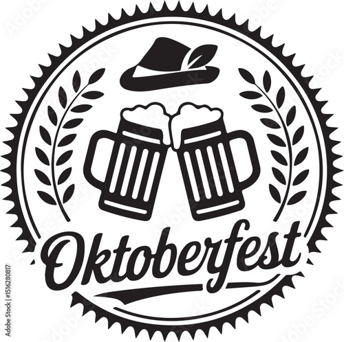 Festive oktoberfest beer mugs and hat emblem in elegant black and white design