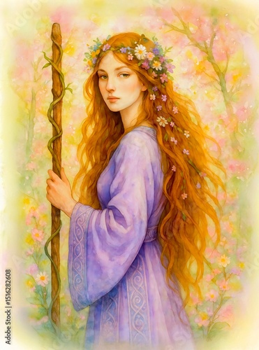 Celtic druidess with violet robe and staff