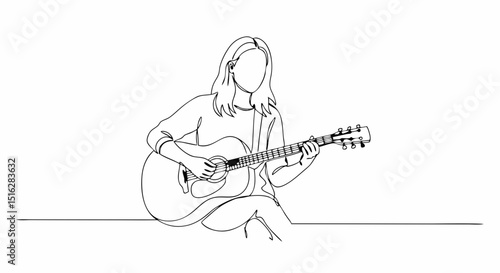 Woman plays the guitar while sitting calmly on a surface  