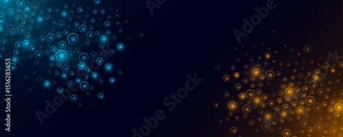 Futuristic dynamic hexagons with light effect for FinTech background. Mosaic of blue and golden cyber honeycomb. Scientific research presentation backdrop for online webinar. Vector Illustration