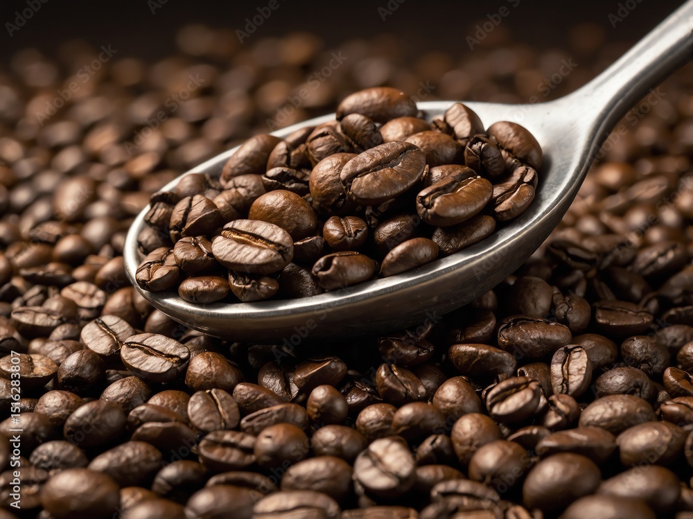 Fototapeta premium Close-up of roasted coffee beans spilling from a wooden spoon onto a dark surface