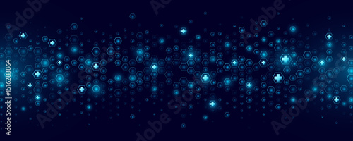 Abstract Healthcare Medical cyber pattern of glowing blue hexagons. Futuristic medicine background. Digital health insurance concept and access to welfare. Vector illustration