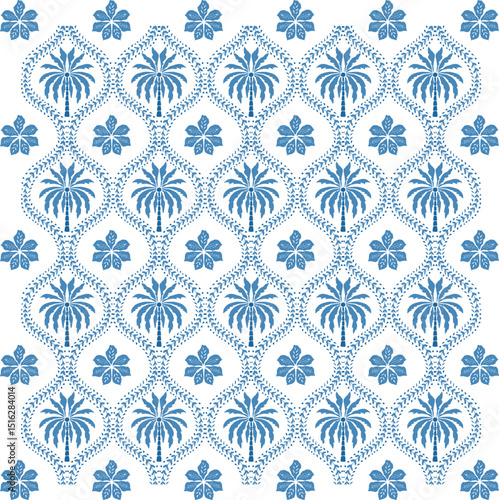 Blue tropical damask seamless pattern. Hand drawn palm tree, floral jungle geometry ornament for textile, wallpaper, repeat background. Vector summer beach print design with cute curve botanical lines