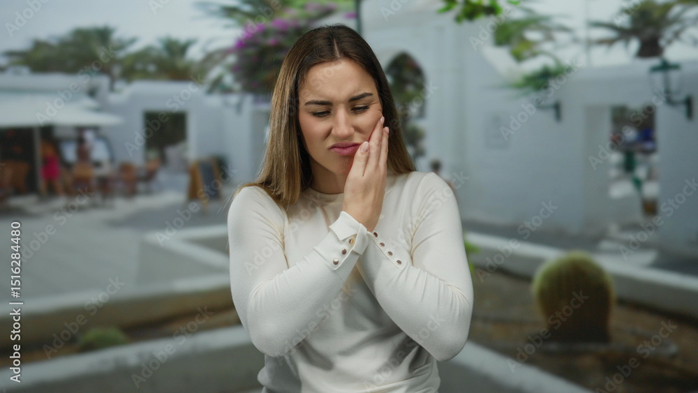 Fototapeta premium Young blonde woman in white shirt with toothache expression stands on an outdoor street while touching her cheek, showing discomfort and pain in a scenic urban setting.