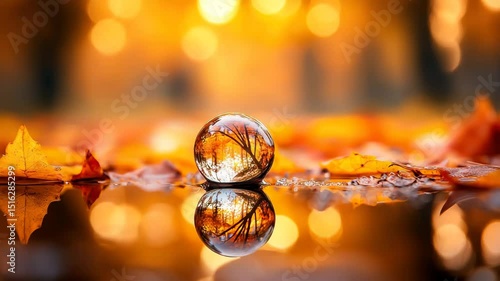 Crystal ball wet autumn leaves reflecting trees and golden bokeh, surrounded by vibrant orange and yellow foliage, water reflections, and tranquil nature atmosphere, capturing dreamy seasonal beauty