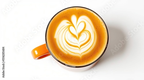Aerial view of a latte art coffee in an orange mug on a white surface in a well lit environment