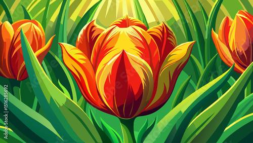 Bright tulip petals in vivid red and yellow hues open gracefully in spring sunlight. Captured closely in a green field, their smooth curves and symmetry radiate fresh floral beauty.
