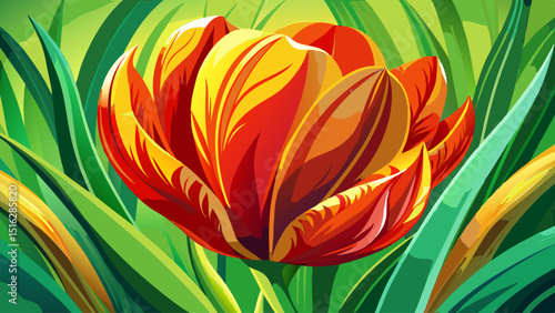 Bright tulip petals in vivid red and yellow hues open gracefully in spring sunlight. Captured closely in a green field, their smooth curves and symmetry radiate fresh floral beauty.