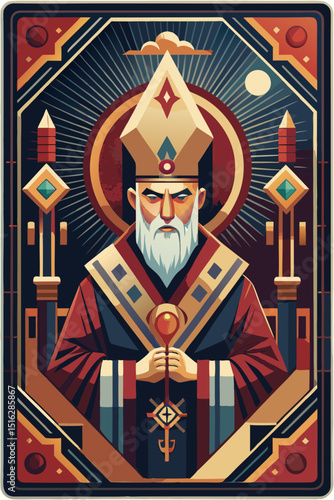 A solemn, dignified figure wearing an elaborate religious attire and a high, pointed hat
