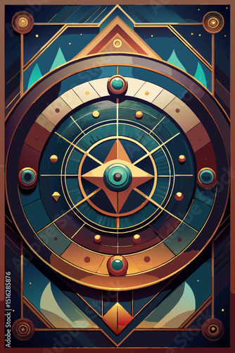 A detailed illustration of a compass, rendered in intricate geometric shapes and vibrant colors. The compass points the direction in the sky