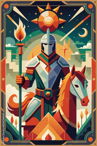 A knight in shining armor on horseback, holding a torch under a colorful artistic sky