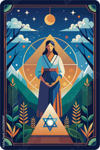 Mystical woman in serene contemplation within a unique Tarot card design
