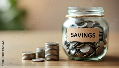 Financial Savings and Budgeting Visualized by Coin Jar and Stack