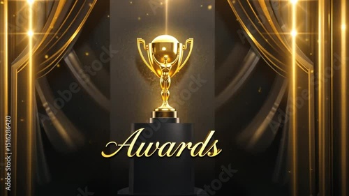 Golden award trophy on a pedestal with golden curtains and sparkling lights background scene