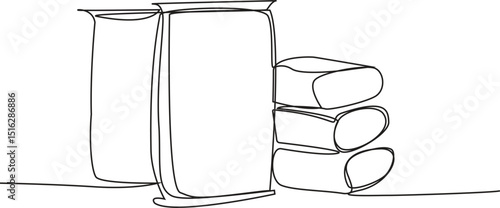 Bags with cement, plaster, putty, tile adhesive, building materials one line art. Continuous line drawing of repair, professional, hand, people, concept, support, maintenance Vector Illustration.