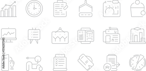 Collection of business and management icons in outline style on a white background showing various concepts