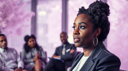 A focused Black woman speaks in a meeting, surrounded by colleagues in a modern setting